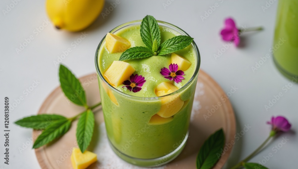 Tasty refreshing green smoothie loaded with organic fruits vivid colors perfect healthy summer beverage for hydration wellness vegans Tasty refreshing green smoothie loaded with organic fruits vivid colors perfect healthy summer beverage for hydration wellness vegans