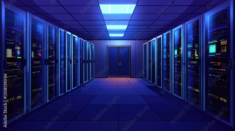 Server room with glowing network data lights Server room with glowing network data lights