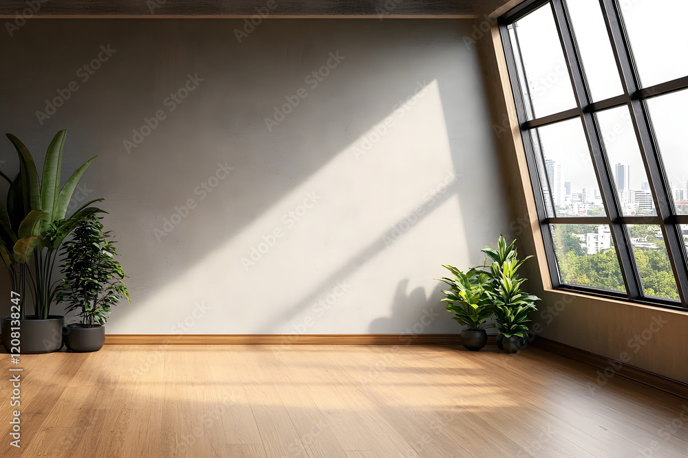 Fototapeta premium Modern contemporary loft empty room with concrete and wooden plank wall, parquet floor, plants, panoramic window.
