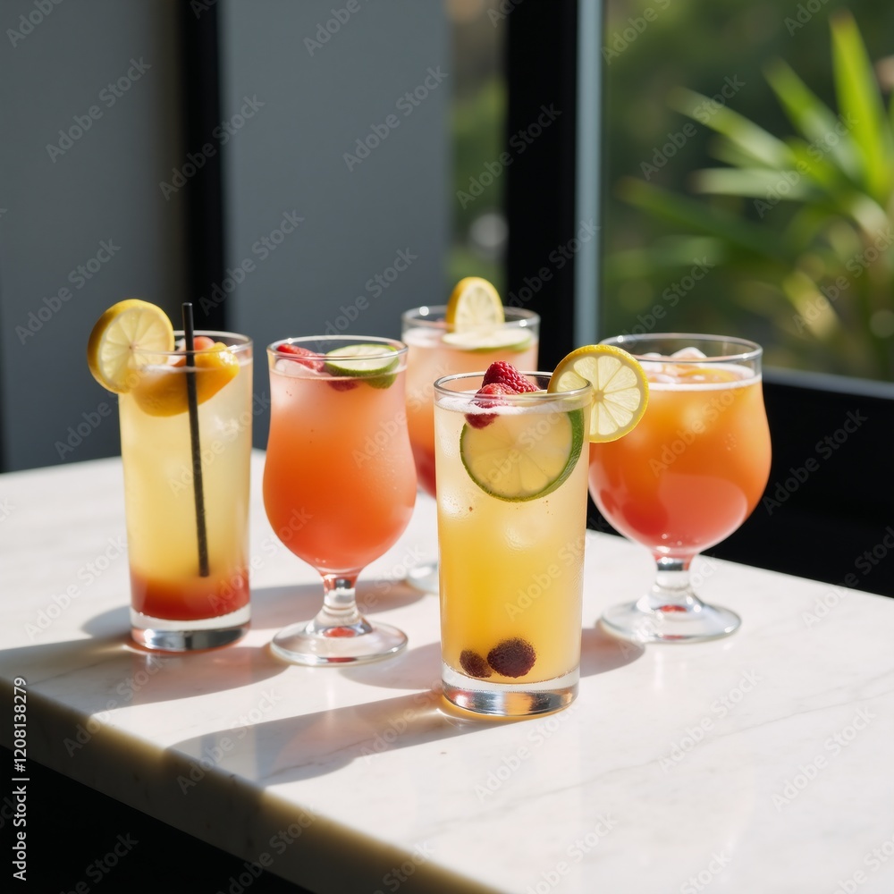 Six fruity cocktails adorned with garnishes displayed elegantly on marble surface Six fruity cocktails adorned with garnishes displayed elegantly on marble surface