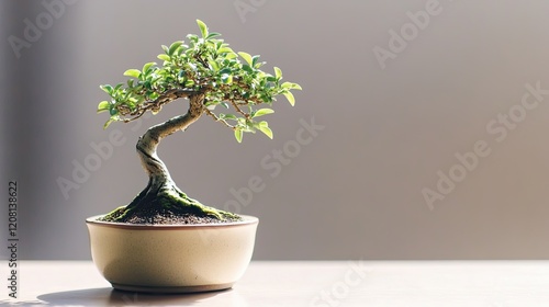 small bonsai tree in ceramic pot carefully shaped and pruned set against neutral background photo