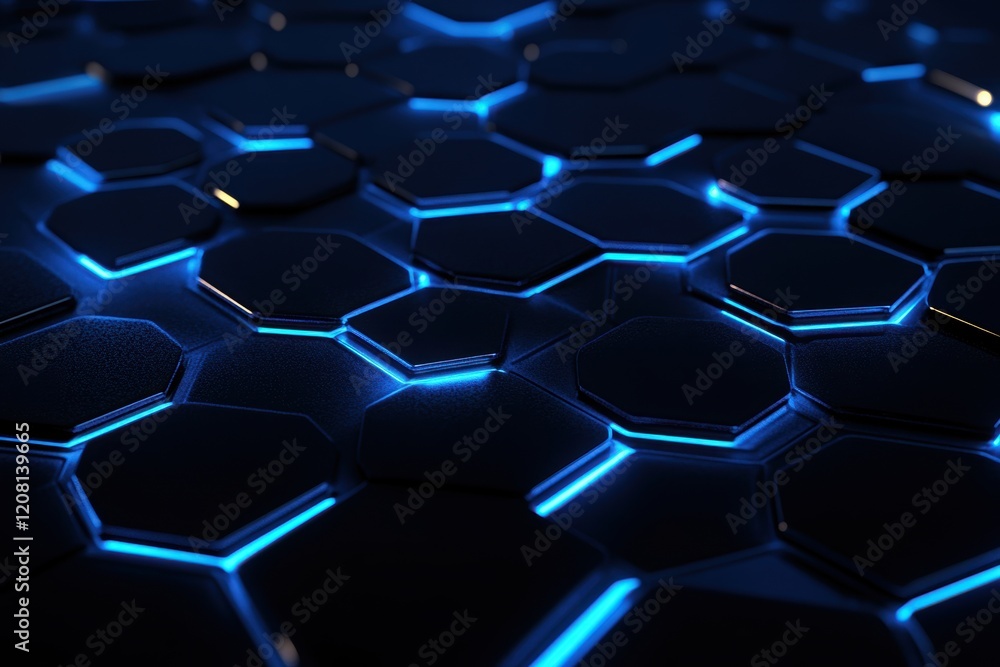 Futuristic 3D Hexagon Design with Illuminated Blue Technology and Sleek Geometric Patterns for Modern Abstract Visuals