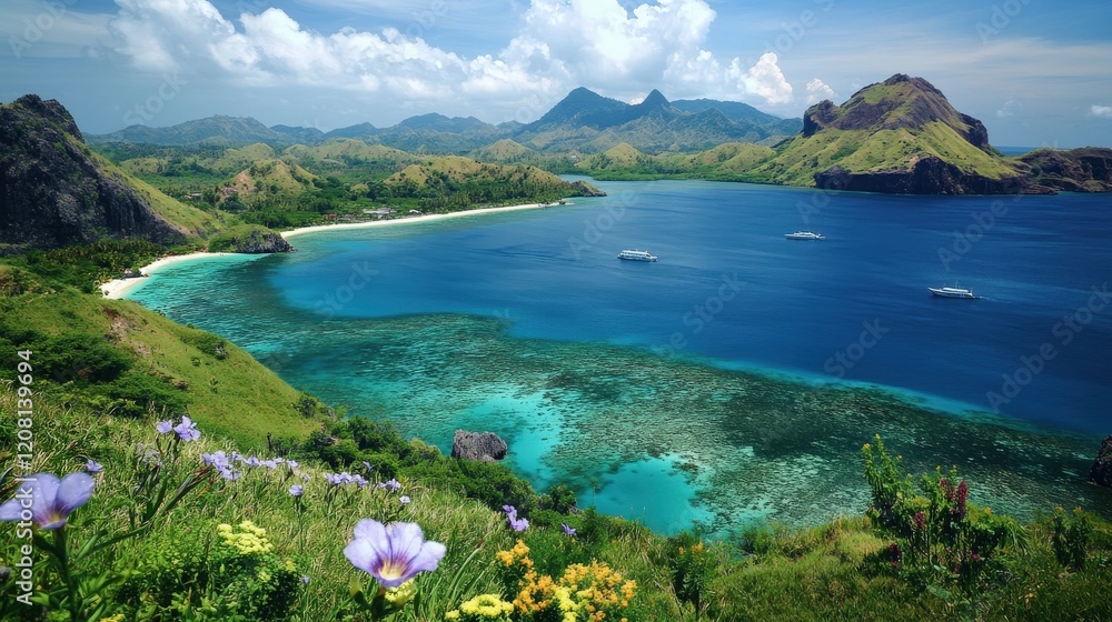 Tropical Island Seascape With Boats And Coral Reefs Tropical Island Seascape With Boats And Coral Reefs