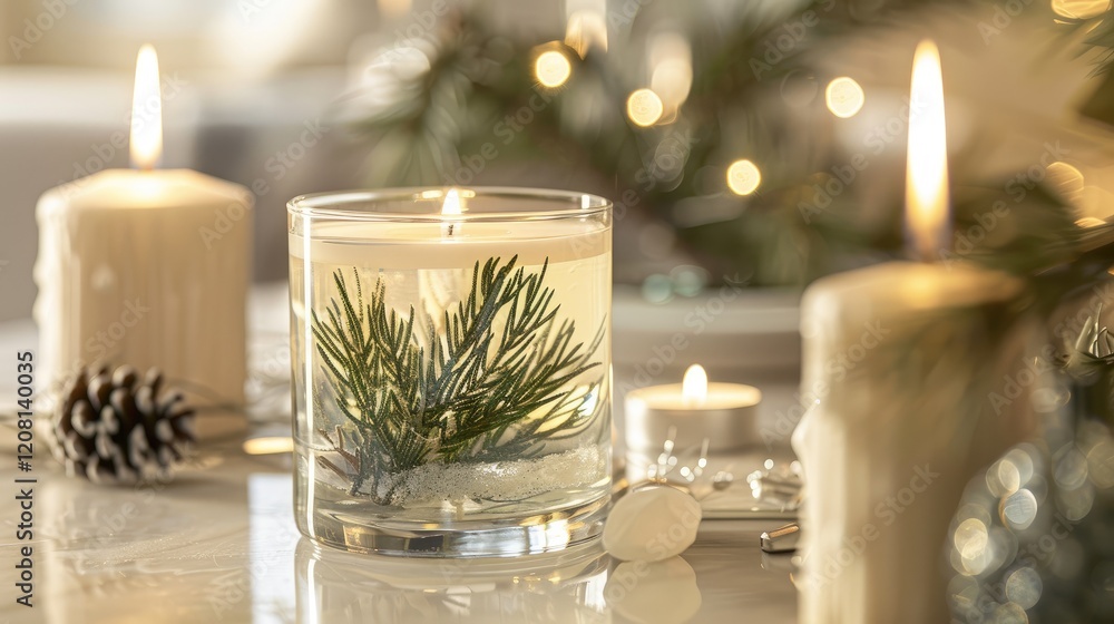 A glass candle holder with pine branches inside A glass candle holder with pine branches inside