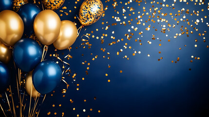 Vibrant navy blue and gold themed celebration with colorful balloons and glittering confetti, ideal for festive banners, posters, and background designs with space for custom text