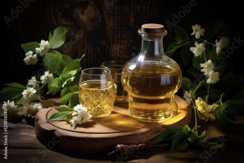 Lithuanian Mead in Classic Glasses on Dark Wooden Background - Traditional Honey-Based Alcoholic Drink for Food and Cookery Recipes photo