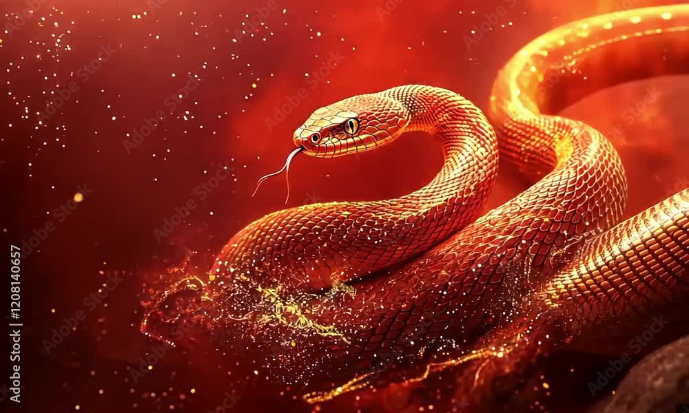 Golden snake with intricate scales coiled on vivid red background. Dynamic pose highlights its elegance, power, and mysterious beauty, surrounded by glowing sparks. Golden snake with intricate scales coiled on vivid red background. Dynamic pose highlights its elegance, power, and mysterious beauty, surrounded by glowing sparks.