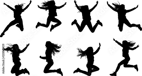 Ensemble vectoriel de huit silhouettes de femmes sautant avec mouvement dynamique des cheveux