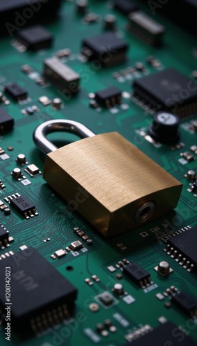 Digital design showcasing a padlock on a circuit board to symbolize data protection and cybersecurity photo