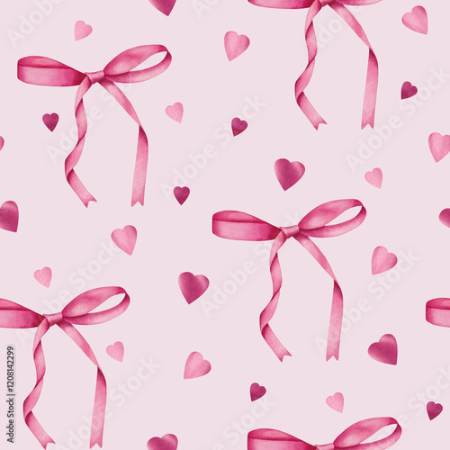 Seamless pattern with watercolor pink bows and hearts. Illustration for Valentine's Day. For packaging, stationery, textiles