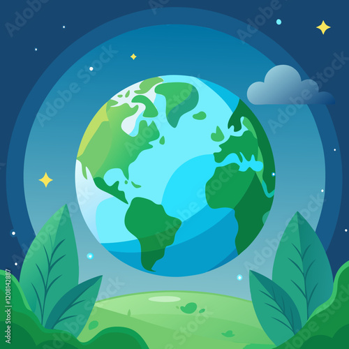 Watercolor Earth Hour background: a serene blend of soft greens and blues representing the Earth, with gentle illuminating lights in the foreground, evoking a peaceful atmosphere with copy space