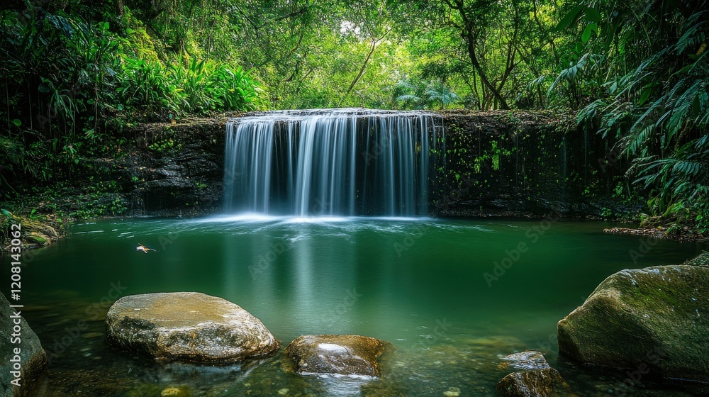 Serene Waterfall Cascading Into Lush Green Pool Serene Waterfall Cascading Into Lush Green Pool
