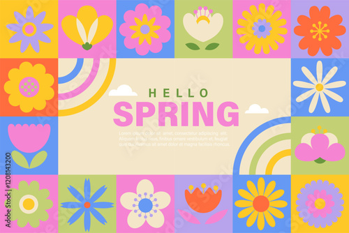 Spring geometric banner with elements and symbols of season, flowers,leaves and text. Poster, flyer spring season trendy template for web, social media,web,greeting,invitations. Vector illustration.