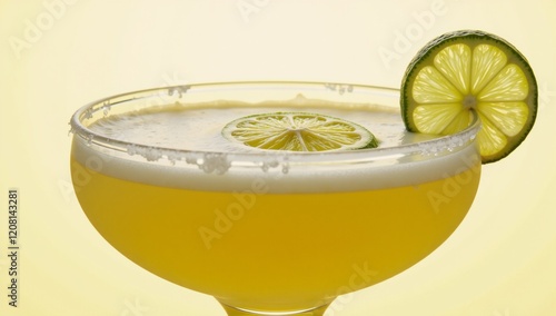 Refreshing margarita with salted rim  lime garnish close-up photo