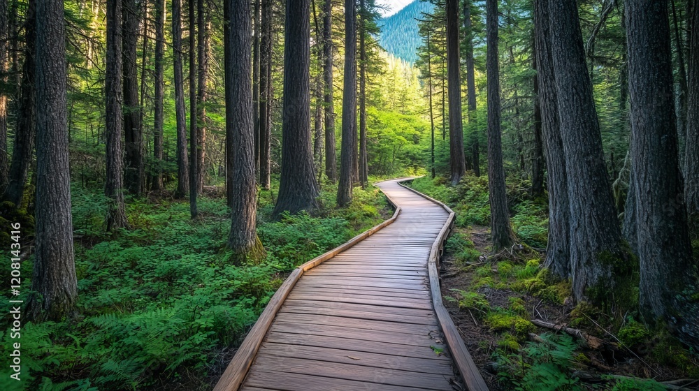 Fototapeta premium Boardwalk winds through the towering cedars of ancient forests in Glacier National Park. Expansive views of surrounding mountain peaks await at the trail's end. 
