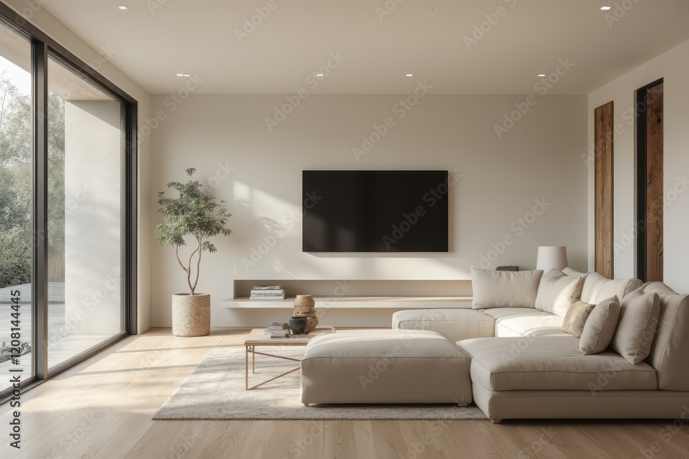a modern living room with large windows and wooden floors a modern living room with large windows and wooden floors