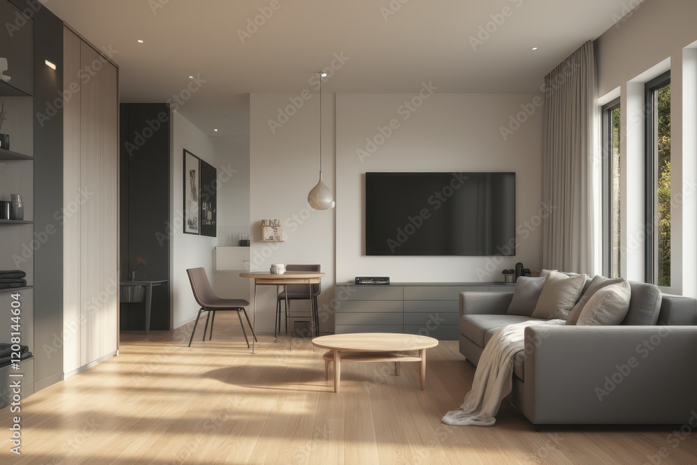 a modern living room with a couch, coffee table and tv a modern living room with a couch, coffee table and tv