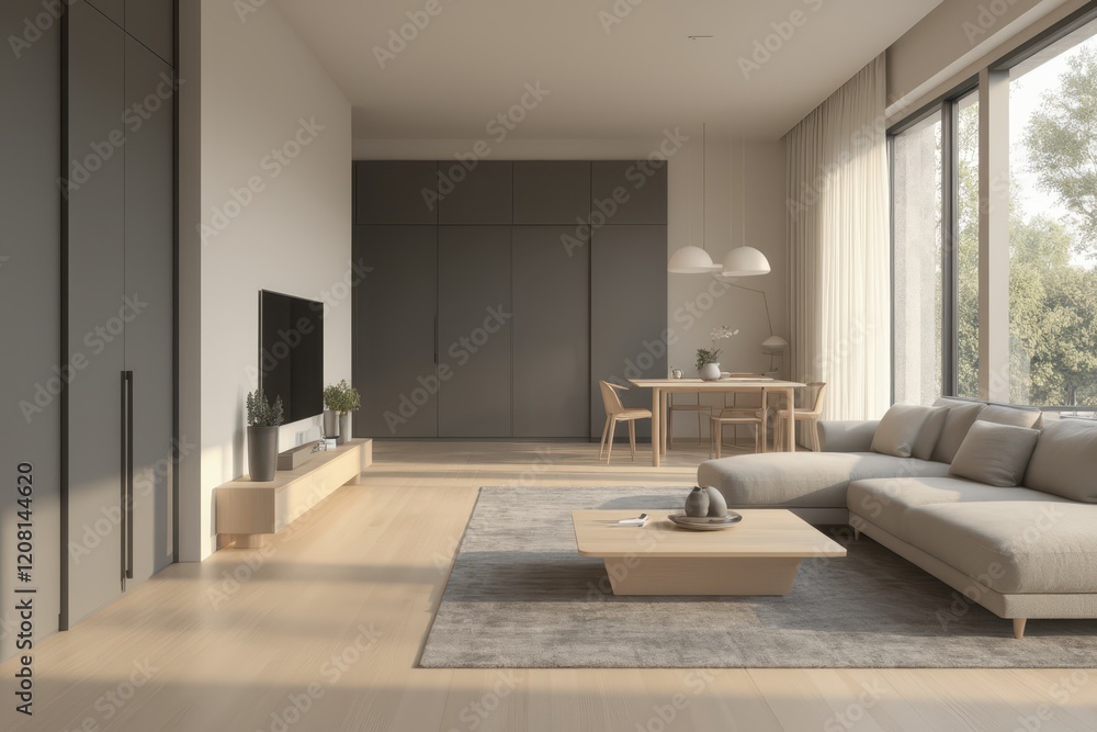 a modern living room with wooden floors and large windows a modern living room with wooden floors and large windows