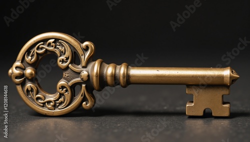 Detailed image of an ornate brass key suitable for vintage historical and secure motifs photo