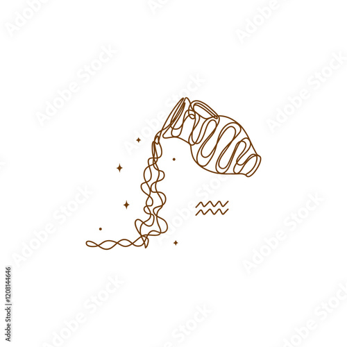 Continuous line drawing of astrological Aquarius zodiac sign. Line art symbol and icon of esoteric zodiacal horoscope. Minimalist black linear sketch isolated on white background.