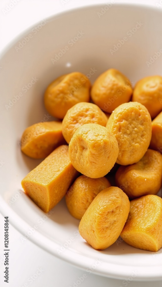 Gold soy protein pieces arranged in a bowl for vegan cooking preparation Gold soy protein pieces arranged in a bowl for vegan cooking preparation