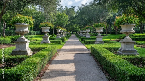 A wide-angle view of a park with multiple white stone sculptures placed along a walking path, surrounded by neatly trimmed hedges and green grass. The sculptures are classical in style photo