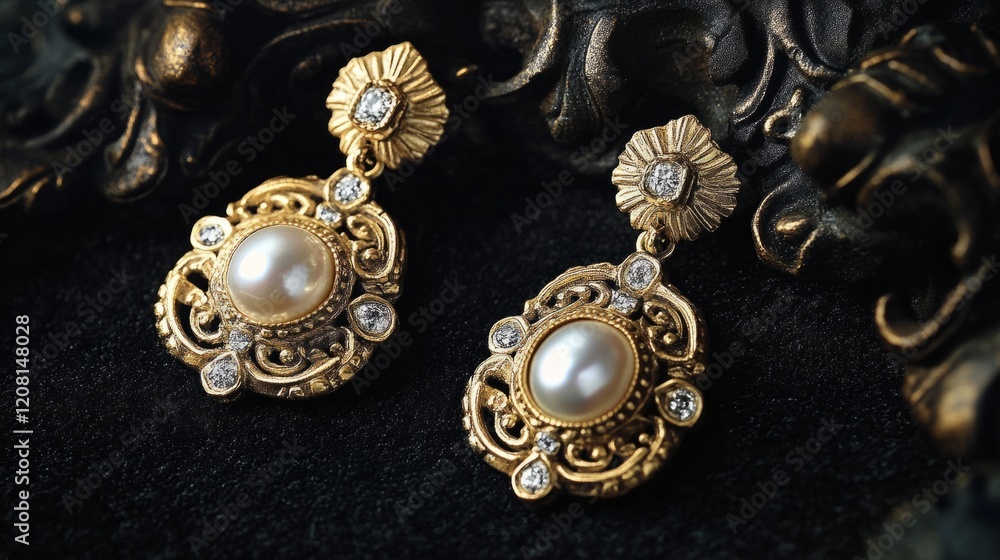 Baroque style dangle earrings with ornate gold details, with center pearls and diamond details generative ai Baroque style dangle earrings with ornate gold details, with center pearls and diamond details generative ai