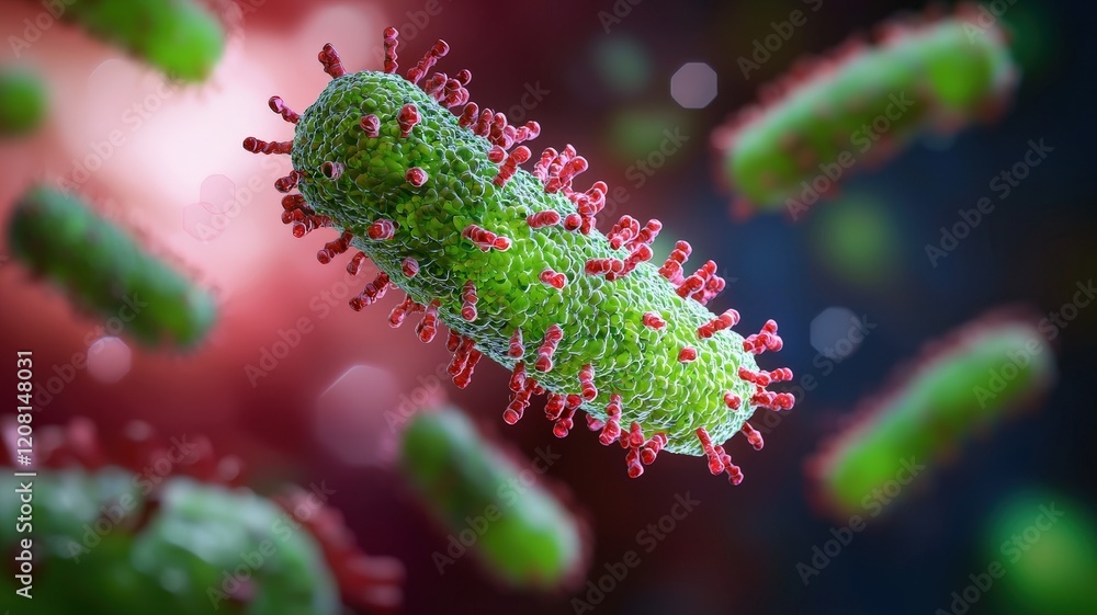 Fototapeta premium Bacteria Colony concept. Microscopic view of vibrant green bacteria with red structures, showcasing microbial life in detail.