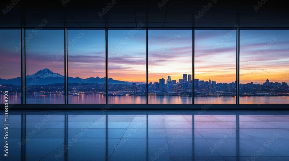 Fototapeta premium window with a view of a beautiful city on a sunset