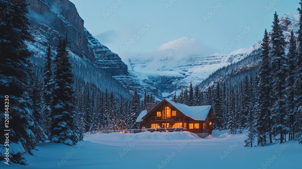 Fototapeta premium A snowy mountain landscape with a cozy cabin emitting warm light through its windows