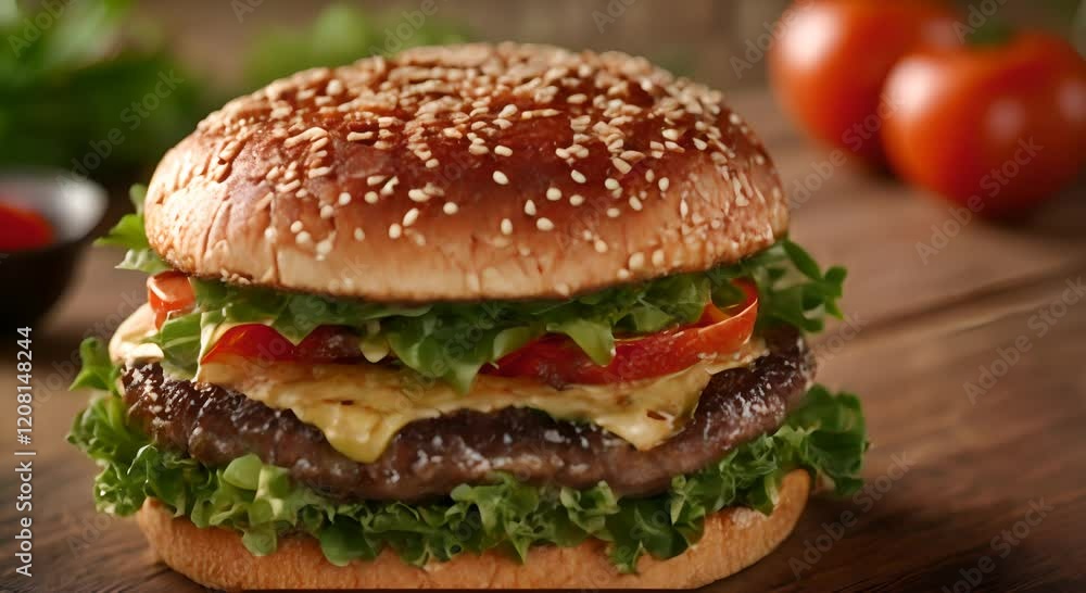 Juicy Cheeseburger with Sesame Seed Bun, Lettuce, and Tomato Juicy Cheeseburger with Sesame Seed Bun, Lettuce, and Tomato