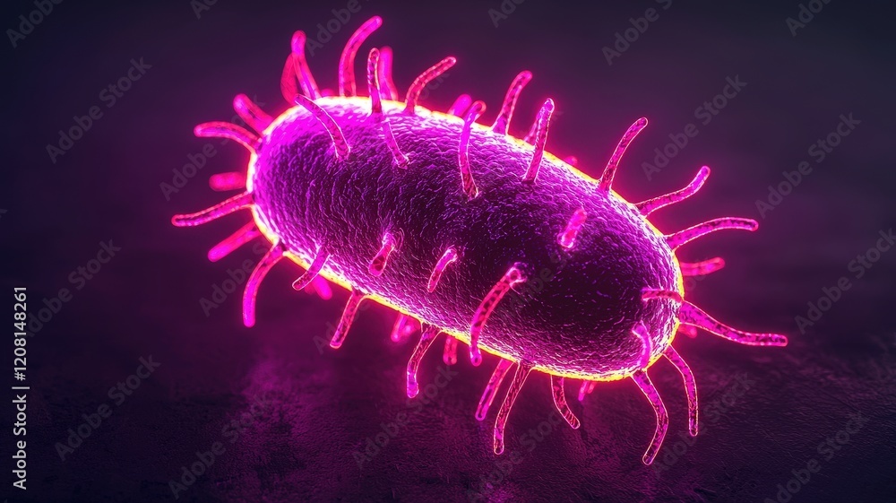 Bacteria Colony concept. Digital illustration of a glowing, pink bacterium with vibrant, colorful appendages on a dark background. Bacteria Colony concept. Digital illustration of a glowing, pink bacterium with vibrant, colorful appendages on a dark background.