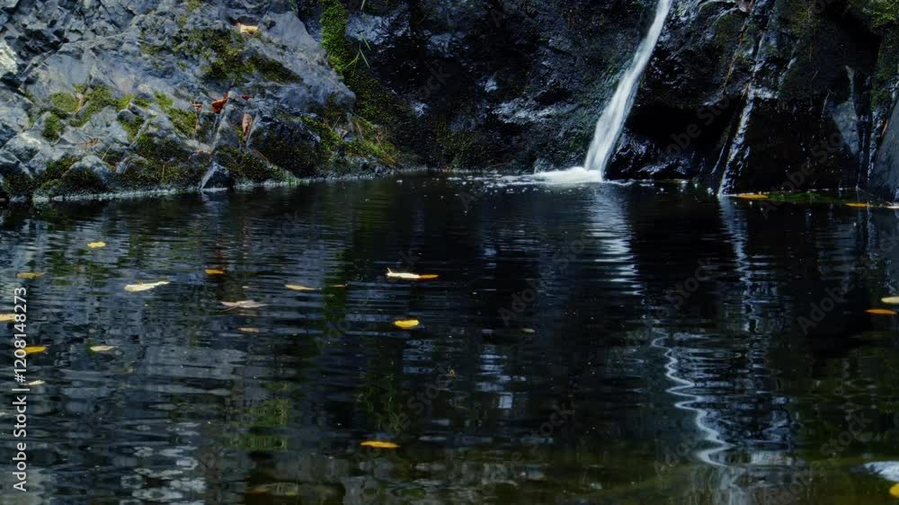 A Beautiful Mountain Waterfall In Truro, Nova Scotia, Surrounded By The Vibrant Colors Of Autumn. A Small Stream Flows Over Rocks, With Autumn Leaves In The Water And A Peaceful Lake Below. A Beautiful Mountain Waterfall In Truro, Nova Scotia, Surrounded By The Vibrant Colors Of Autumn. A Small Stream Flows Over Rocks, With Autumn Leaves In The Water And A Peaceful Lake Below.