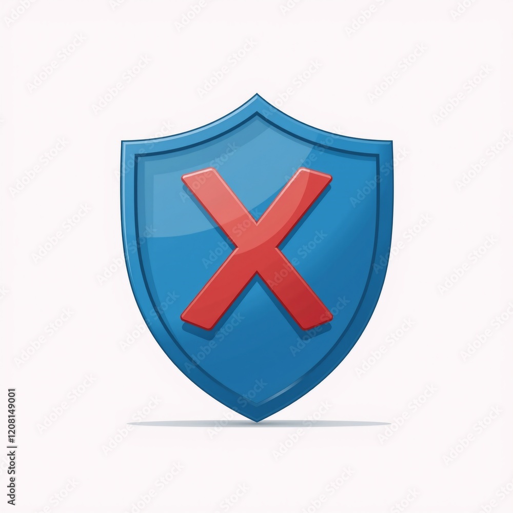 Obraz premium Minimalist Vector Design White Background with Cartoon-Style Blue Safety Shield and Red X Mark for Security Alert