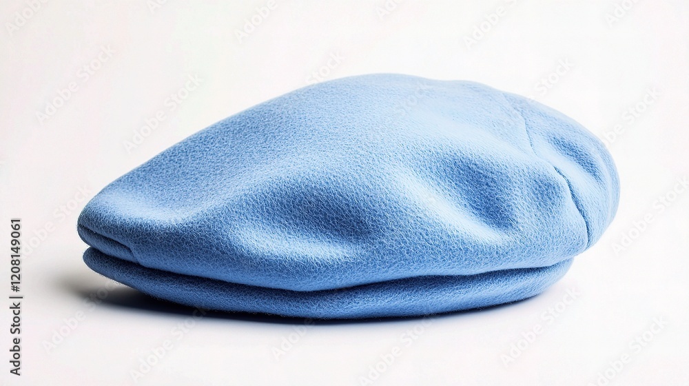 Stylish Light Blue French Beret from Side View on Elegant Background Stylish Light Blue French Beret from Side View on Elegant Background