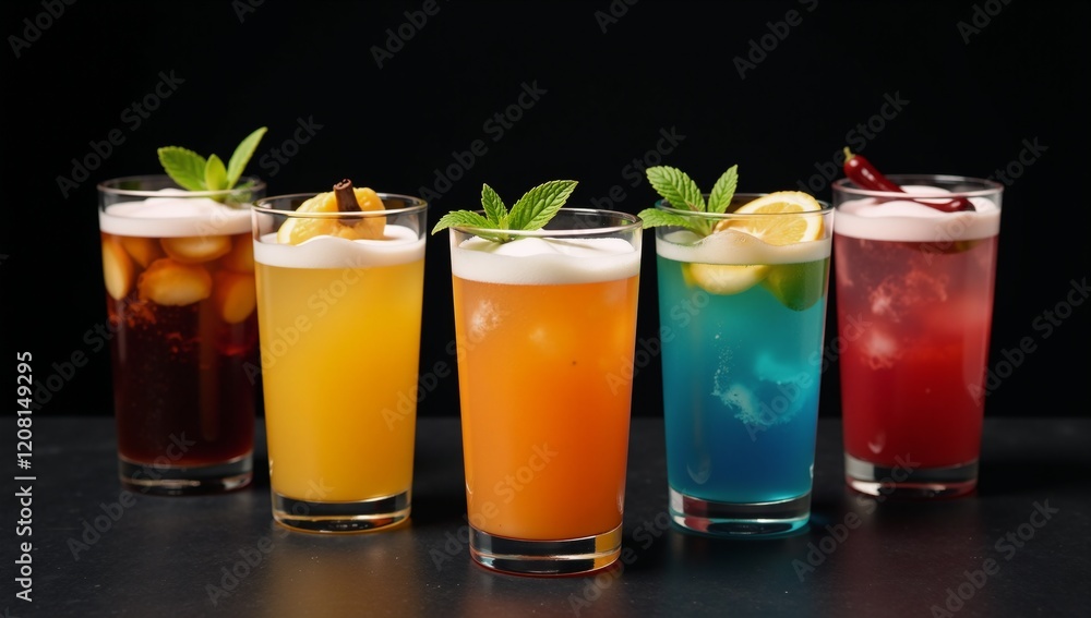 Seven vibrant cocktails each adorned with unique garnishes displayed against a sleek black backdrop Seven vibrant cocktails each adorned with unique garnishes displayed against a sleek black backdrop