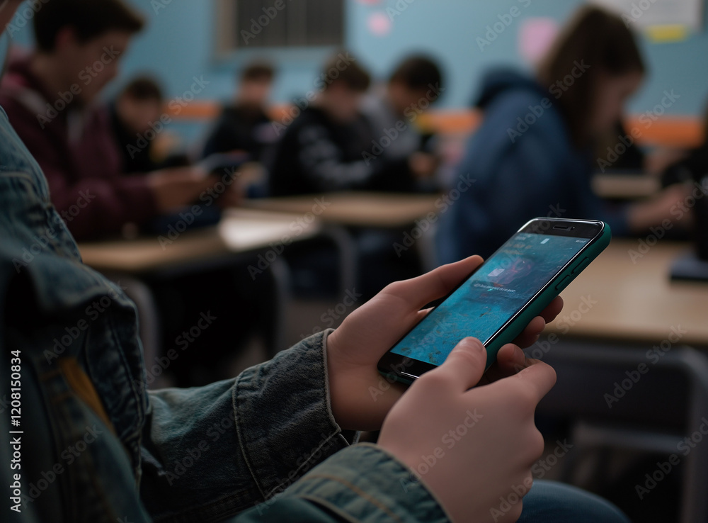 Teenager secretly using a phone in class, with classmates in the background doing assignments. Teenage phone addiction, banning phones in classrooms, technology overuse.
Teenager secretly using a phone in class, with classmates in the background doing assignments. Teenage phone addiction, banning phones in classrooms, technology overuse.