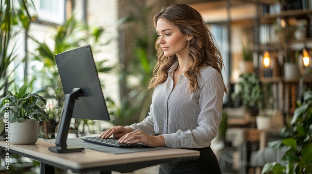 Contemporary Creative Workspace Standing Desk and Digital Interface for Focused Productive Caucasian Woman, 30s, in Tech-Inspired, Eco-Design Office Interior