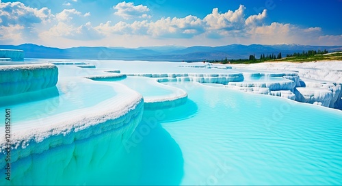 Pamukkale: Travel Through Turquoise Travertine with Scenic Views and a Limestone Lake in the Background of Turkey's Tourist Gem