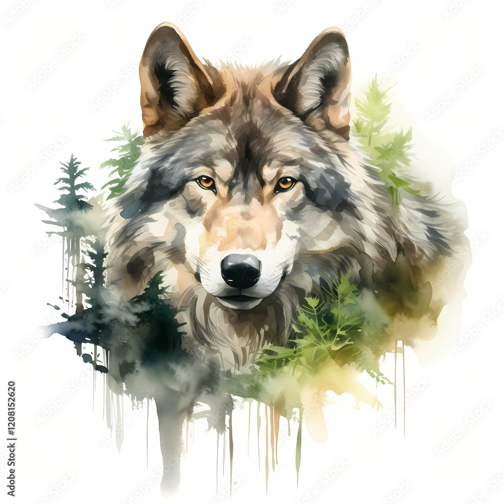 Fototapeta Double Exposure Wolf and Forest clipart. Watercolor illustration. Detailed artistic graphic illustration