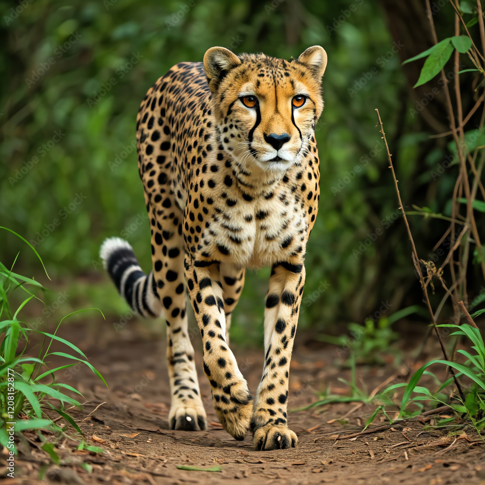 Wildlife action shot of a cheetah running and walking across the African savanna jungle at high speed Wildlife action shot of a cheetah running and walking across the African savanna jungle at high speed