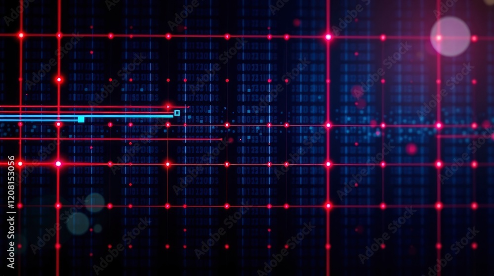 Obraz premium Abstract Digital Grid: Red Lines, Binary Code, Glowing Aesthetic