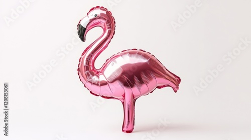 A single pink foil balloon shaped like a flamingo detailed texture isolated on a white backdrop