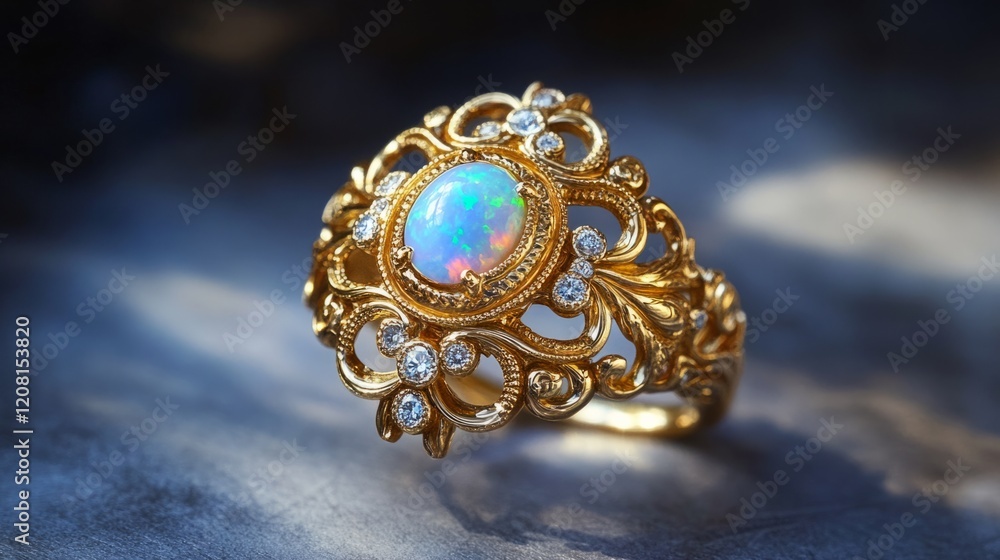 Naklejka premium Baroque style ring with an intricate gold design, with a central opal surrounded by small diamonds generative ai