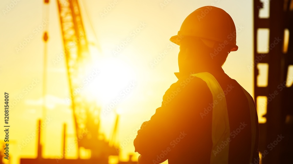 A silhouetted worker in a hard hat watches the sunset at a construction site. A silhouetted worker in a hard hat watches the sunset at a construction site.