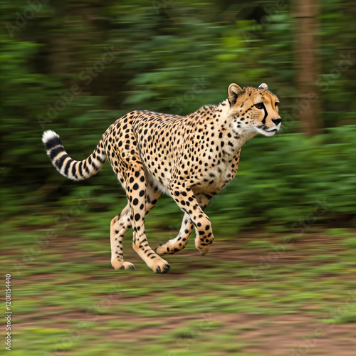 Wildlife action shot of a cheetah running and walking across the African savanna jungle at high speed photo