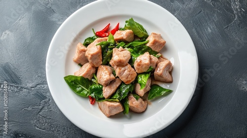 Pad krapow moo sap stir-fried pork with holy basil served on a white plate photo