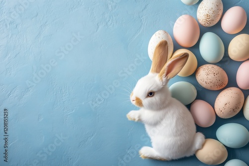 Coelho com orelhas grandes cercado por ovos de Páscoa coloridos em fundo azul claro, criado com IA generativa.
 photo