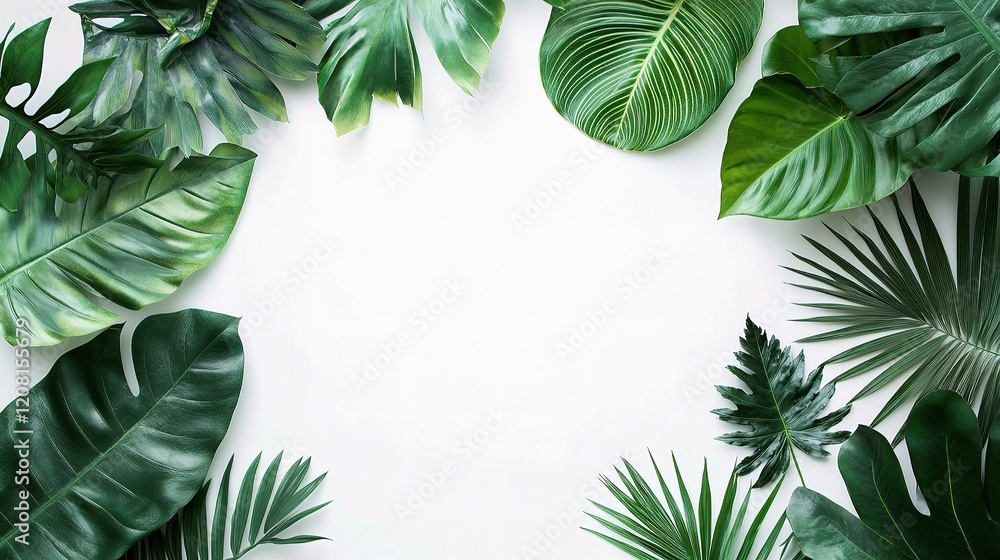 Set of Tropical Leaves with Vibrant Green Hues on White Background Set of Tropical Leaves with Vibrant Green Hues on White Background