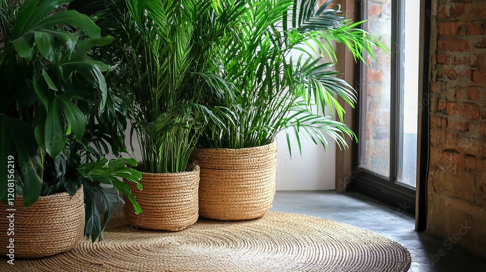 Fototapeta premium Floor-length green plants with arching fronds shoot up from wicker planters resting on a circular jute rug.